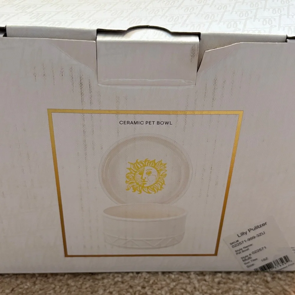 Lilly Pulitzer Pet White Ceramic Bowl with Yellow Sun Motif